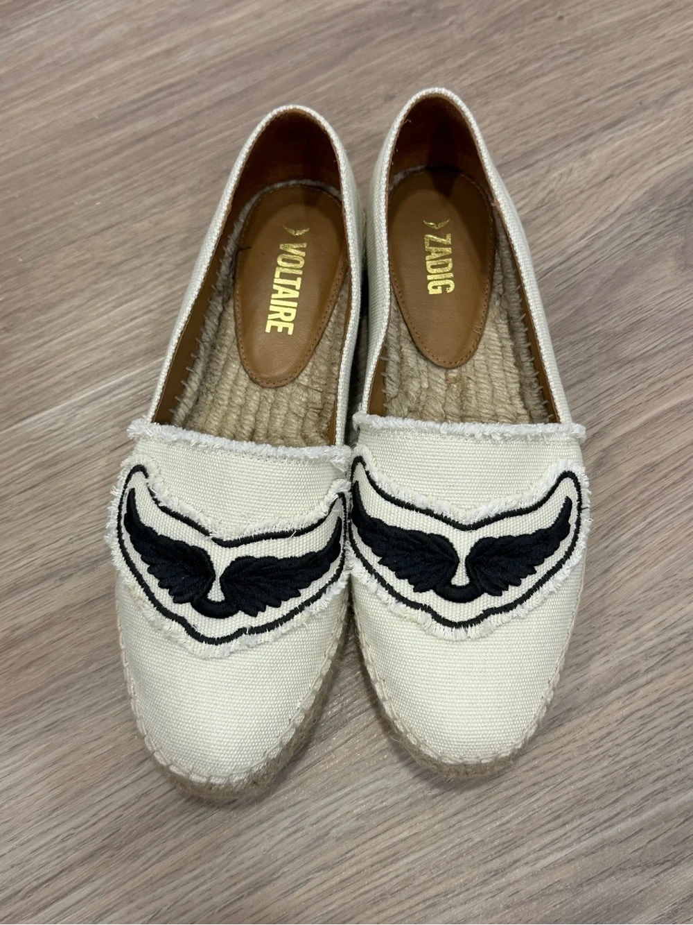 Zadig & Voltaire Cream Espadrille Loafers with Black Wing Motif